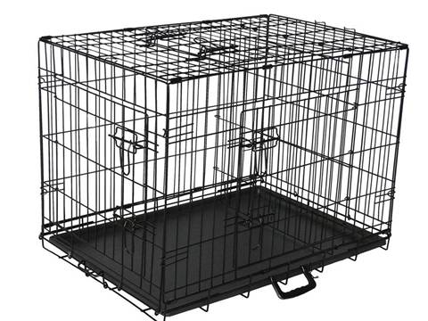 A black animal cage with a black leak-proof plastic pan is on the white background.