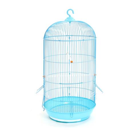 A blue cylinder shape welding bird cage with flat bottom and hook shaped handle.