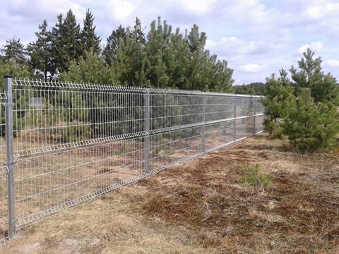 Galvanized curvy fence panels are used in the fields with many trees.