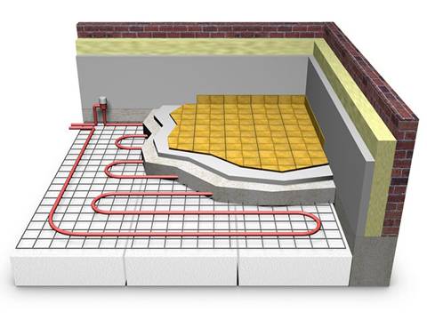 A computer simulation diagram of floor heating mesh is on the white background.
