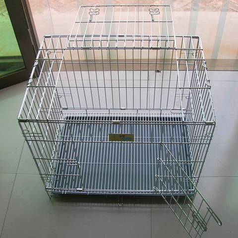 A stainless steel welded wire mesh cage with opening side door and top door.