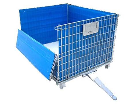 A silver wire mesh container with blue PP sheet on white background.