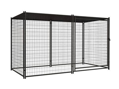 This is a welded wire dog kennel with shade cloth.