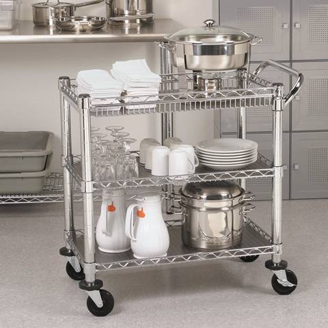 A restaurant trolley is divided into three sections and each section is full of restaurant devices.