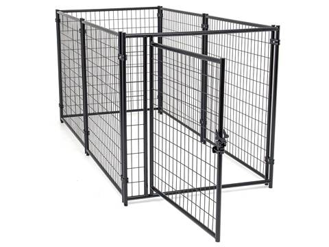 This is a black welded wire dog kennels that door is opening.
