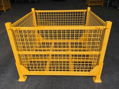 A yellow welded wire container with foldable front gate.