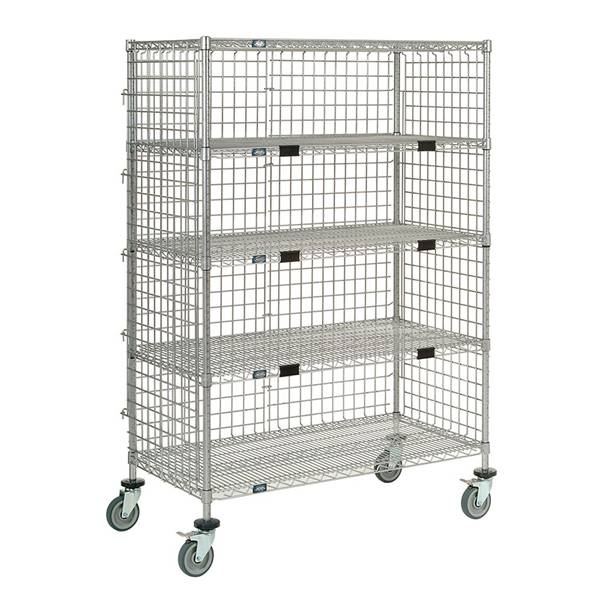 A four-tiered 3-sided wire cart is on a white background.