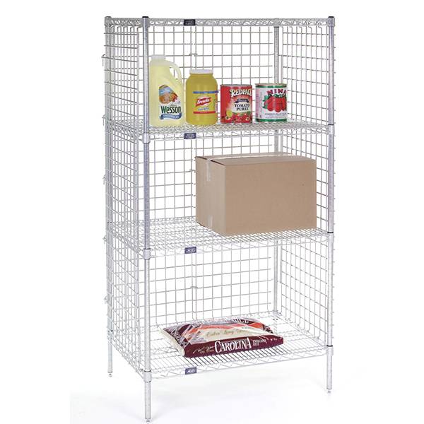 A three-tiered 3-sided wire shelving is on a white background with some goods on it.