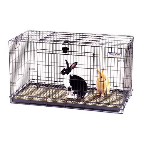 On the white background, there is a black rabbit and a brown rabbit in the black rabbit cage.