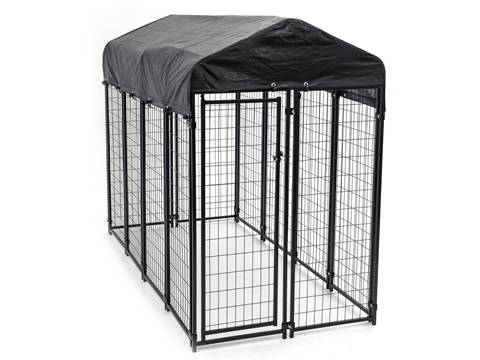 A black animal kennel which the top is covered by black plastic film is on the white background.