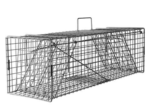 A silver animal trap with a handle is on the white background.