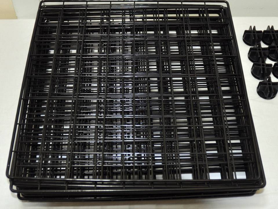 Many square black welded wire mesh with installing accessories.