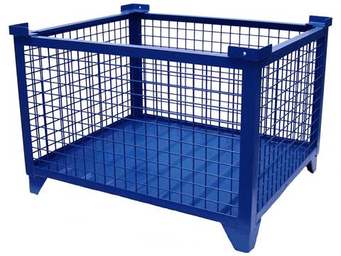A blue welded wire container with bottom pan.