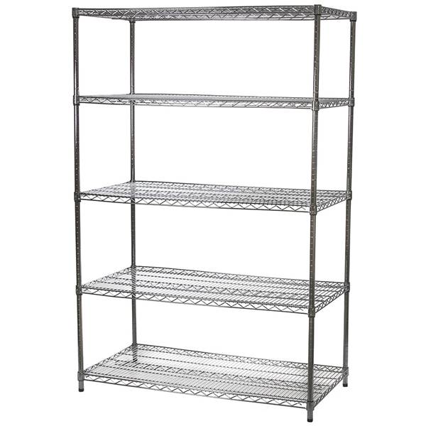 A five-tiered common wire shelving is on a white background.