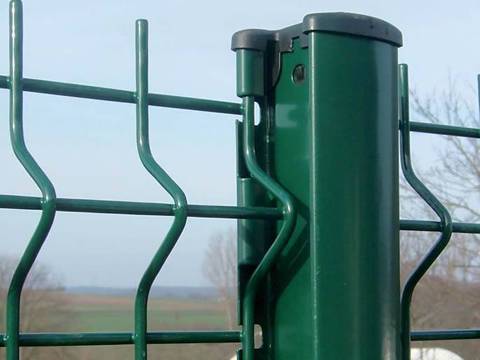 PVC coated green peach post is used to support curvy fence panel.