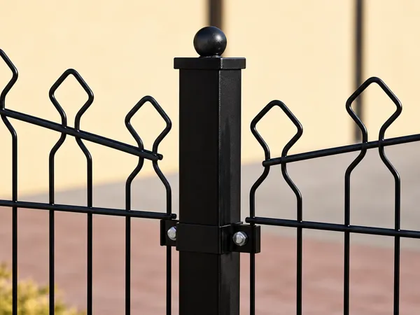 Decorative double wire fence with a black post and panel connection.