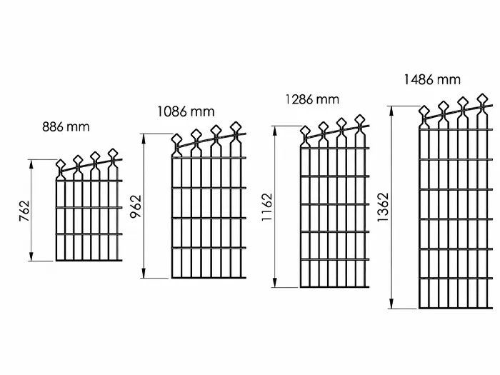 Decorative double wire fence showing different panel height dimensions.