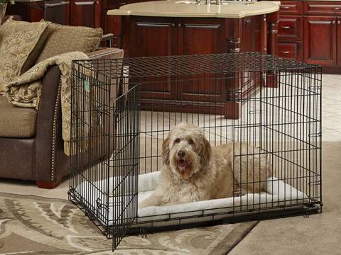 A black dog cage with a white bed is placed in the living room, and a dog is in it.