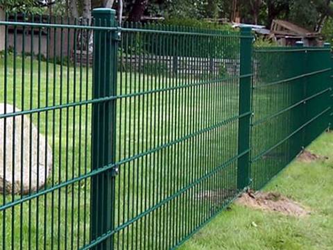This is a beautiful garden with grassland and double wire fence.