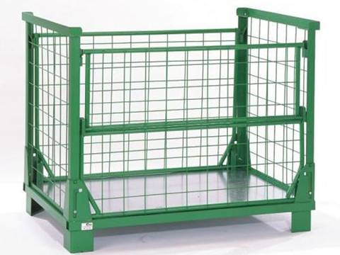 A green welded wire container with rectangular mesh openings.