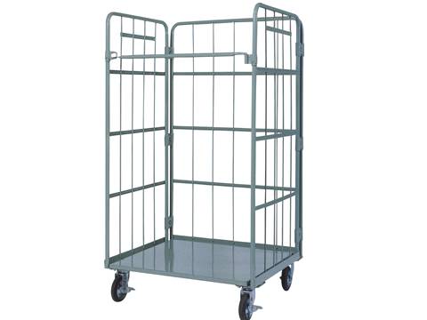 A gray welded wire container with big mesh openings and universal wheels has no front gate.