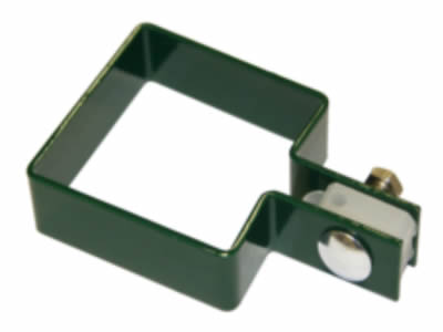 A PVC coated dark green post clip with one hole.