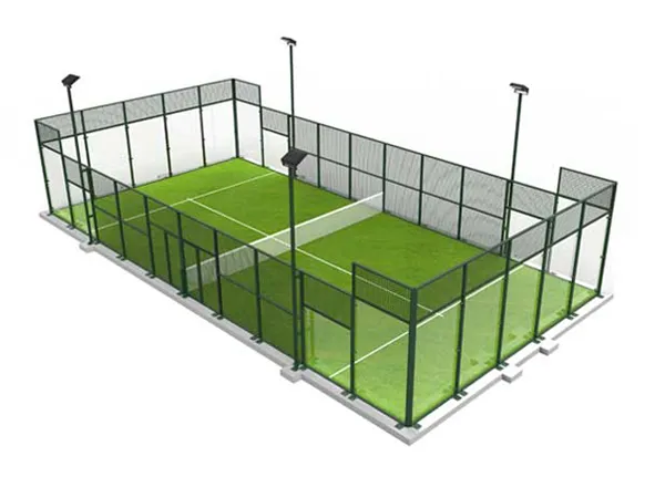 Padel court with green artificial turf surface.