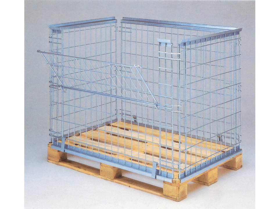 A galvanized welded wire container with heavy duty wire on a wooden pallet.