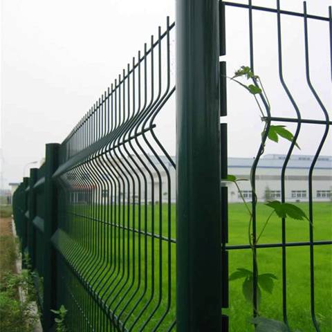 A corner of PVC coated dark green welded wire mesh fence with round post.