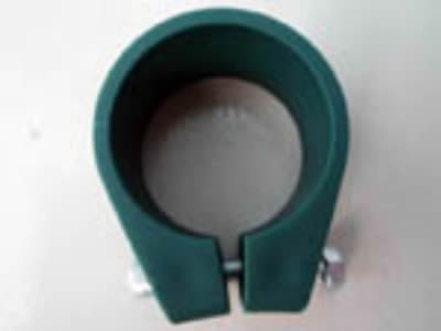 A PVC coated dark green round post clip with screw twisted.