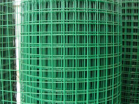 A roll of PVC coated green welded wire mesh with square holes and smooth surface.