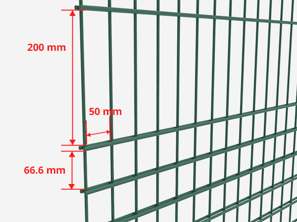 A partial view of a piece of mesh labeled with 2 mesh aperture sizes