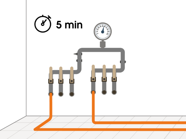 The heating pipes are under pressure test and a clock indicates 5 minutes.