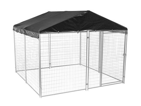 This is a sliver welded wire dog kennel with tilted roof and shade cloth.