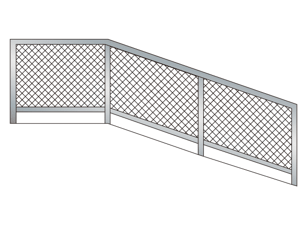 A stair rail is installed with typical diamond pattern welded mesh.