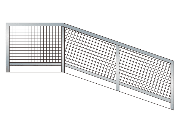 A stair rail is installed with typical square pattern of welded mesh parallel to rail.