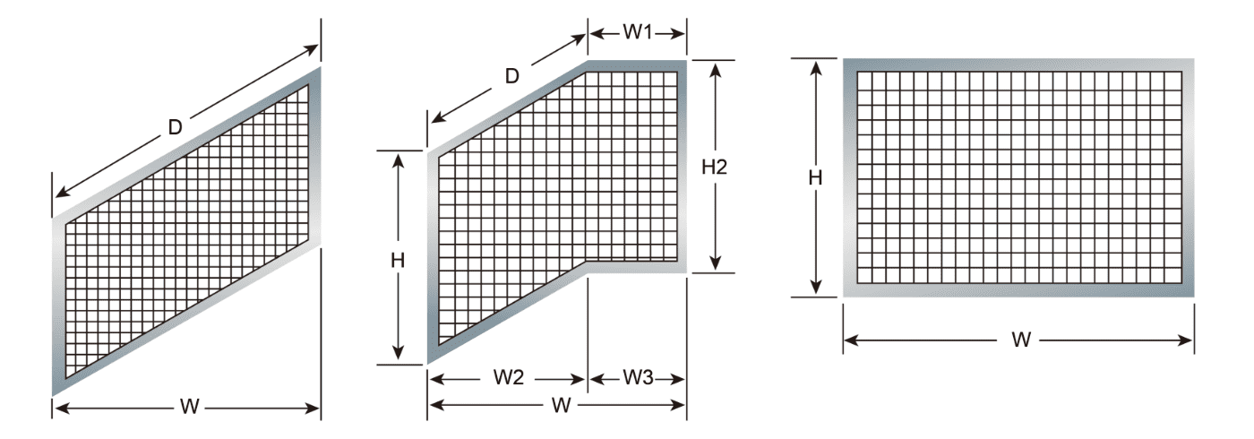 Three different part of stair infill panels and their measuring sizes.
