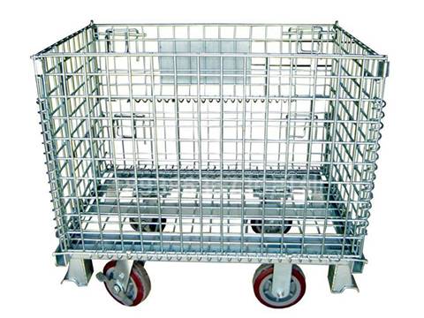 A wire mesh container with J-leg and wheels on white background.