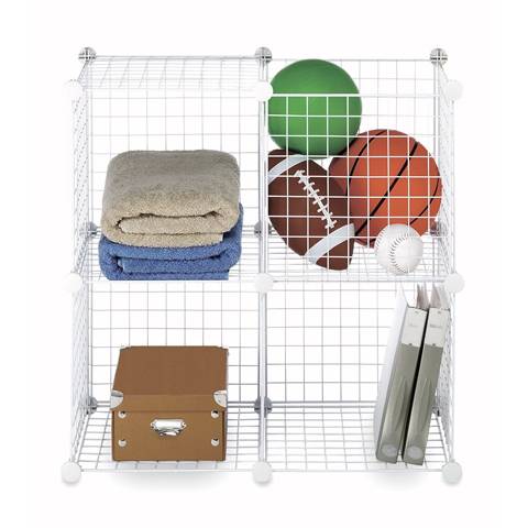 A white welded wire shelf is divided into four parts and each part is full of things.