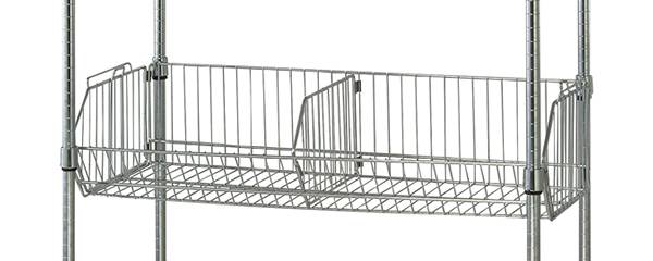 A four-tiered wire basket shelving is on a white background.