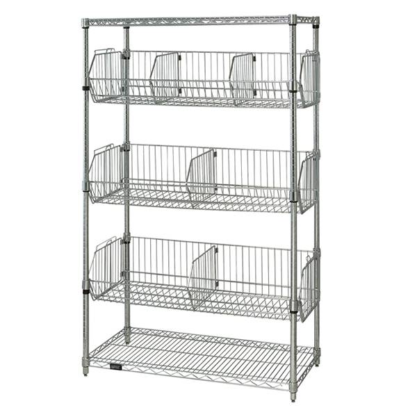 A four-tiered wire basket shelving is on a white background.