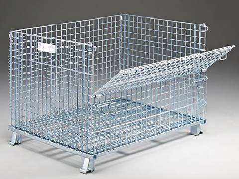 A silver wire container with 1/2 drop gate open on white floor.