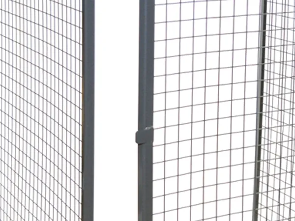 The detail of door stoppers on the wire mesh storage locker gate.
