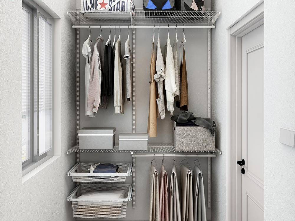 The wire shelving are installed in the closet.