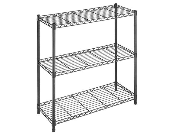 A three-tiered wire shelving is on a white background.