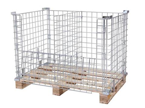 A wire container with forklift wooden pallet.
